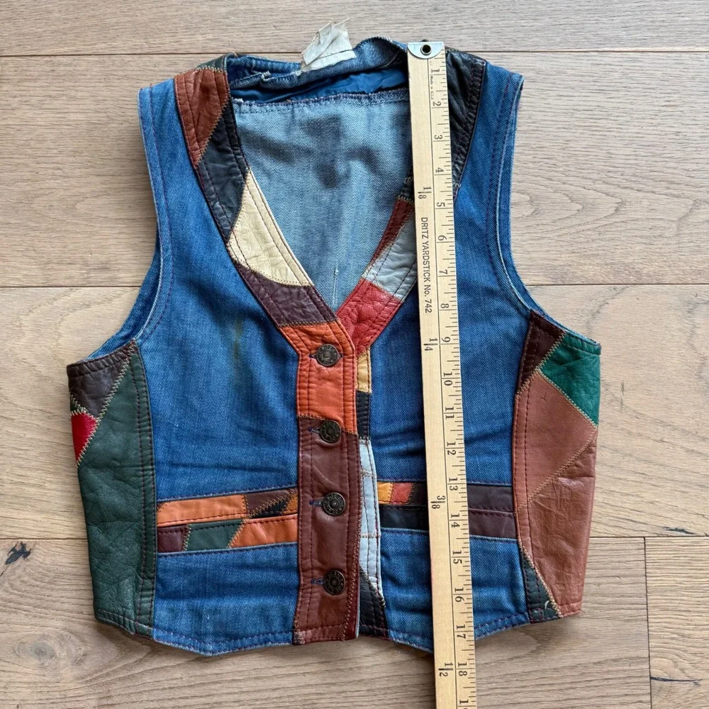 Vintage 70s Aura Denim Leather Patchwork 2 Piece Set Vest Flare Pants M 13/14 - Picture 7 of 12